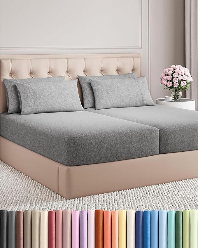 Split King 7 Piece Sheet Set - Cooling & Breathable - Hotel Luxury Bedding Includes Fitted Sheets for Women, Men, Kids & Teens - 1 Flat, 2 Fitted Sheets, 4 Pillowcases w/Deep Pockets - Heathered Grey