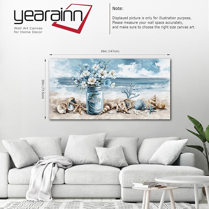yearainn Coastal Canvas Wall Art - Rustic Jar Flowers Pictures Wall Decor Seashells Seaside Painting Artwork Ocean Landscape Prints for Living Room Bedroom Office Home Decor Ready to Hang 58" x 29"