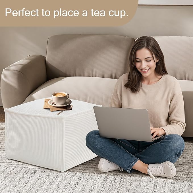 MeMoreCool Square Stuffed Pouf Ottoman Foot Rest, Corduroy Floor Pouf Foot Stool with Foam Chunk Filling, Soft Stuffed Ottoman Footrest for Living Room, Beige