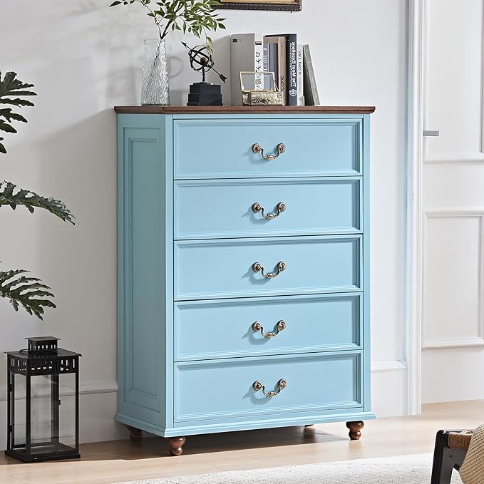 24" Wide Farmhouse Nightstand Set of 2, 45" Tall Rustic Chests of 5 Drawers w/ 4 Solid Wood Feet, Farmhouse Furniture Series for Living Room,Bedroom,LightBlue