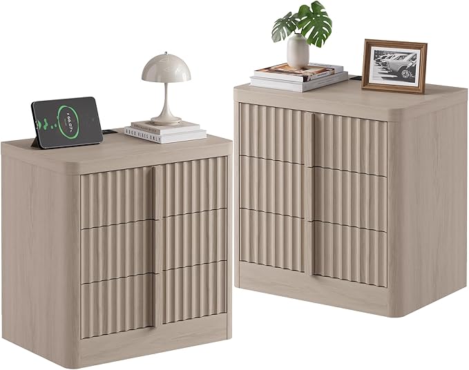 Fluted Nightstand Set of 2 with Charging Station, 23.6" Wood End Table with Solid Wood Handle, Mid Century Moden Bedside Table 3 Drawer Dresser for Bedroom, Living Room, White Alder