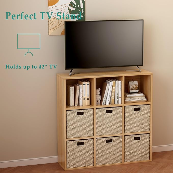 OSCHF 9-Cube Storage Shelf Bookcase - Wooden 3-Tier Floor Standing Open Bookshelf for Home and Office, Display Cabinet, Oak