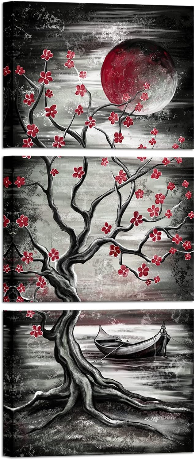 KREATIVE ARTS 3 Piece Full Moon Tree Canvas Wall Art Modern Abstract Black and White Tree Landscape Painting Prints for Bedroom Bathroom Decor Gallery Wrapped Artwork Ready to Hang (Red)