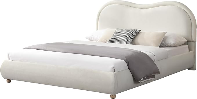Queen Size Upholstered Platform Bed Frame, Modern Cloud Bedframe with Headboard, Low Profile Bed Floor Bed Frames with Soft Rounded Corners, No Box Spring Required, Easy Assembly, Chenille Cream