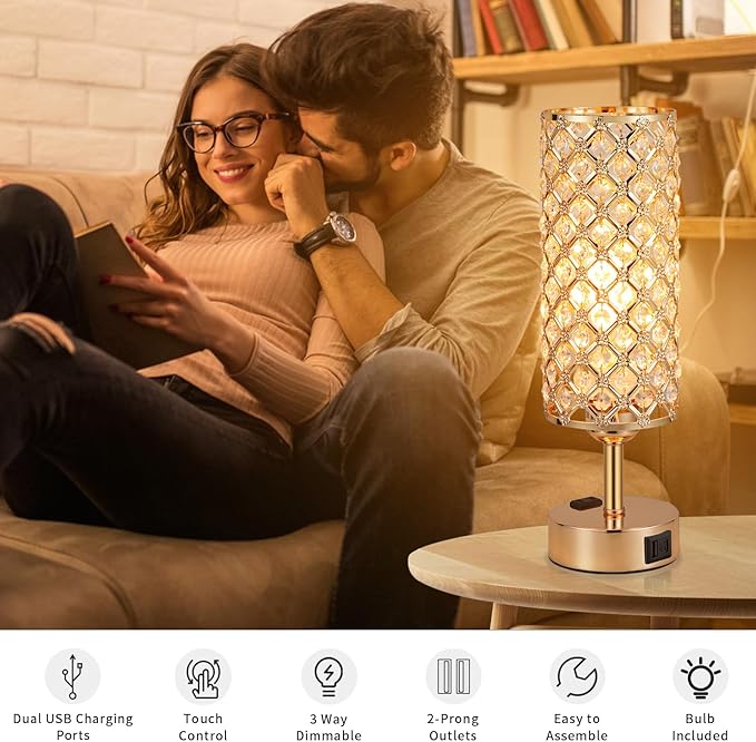 Hong-in Gold Lamps Set of 2, Dimmable Gold Lamps for Nightstand with USB-C+A & AC Charging Ports, 3-Way USB Crystal Lamp, Bedside Desk Light for Bedroom Living Room Home Office(Bulb Included)