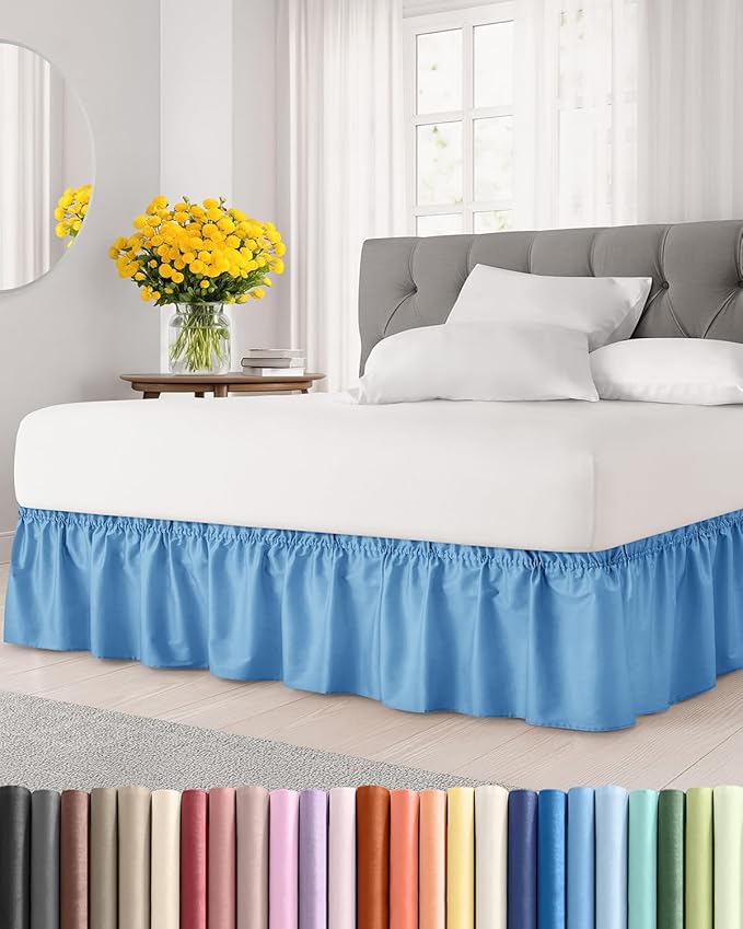Wrap Around Dust Ruffle Bed Skirt - Denim Blue - for King Size Beds with 15 Inch Drop - Elastic Strap - Adjustable Pleated Bedskirt with Brushed Fabric and Wrinkle Free - for Women, Men, Kids & Teens