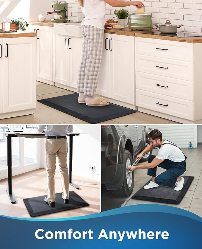 Ophanie Anti Fatigue Cushioned Mat, 3/4 inch Thick, 20x48 Kitchen Mats for Floor, Kitchen Rugs, Waterproof, Comfort Ergonomic Standing Mat for Office, Home, Standing, Black Non-Slip Ridged Bottom