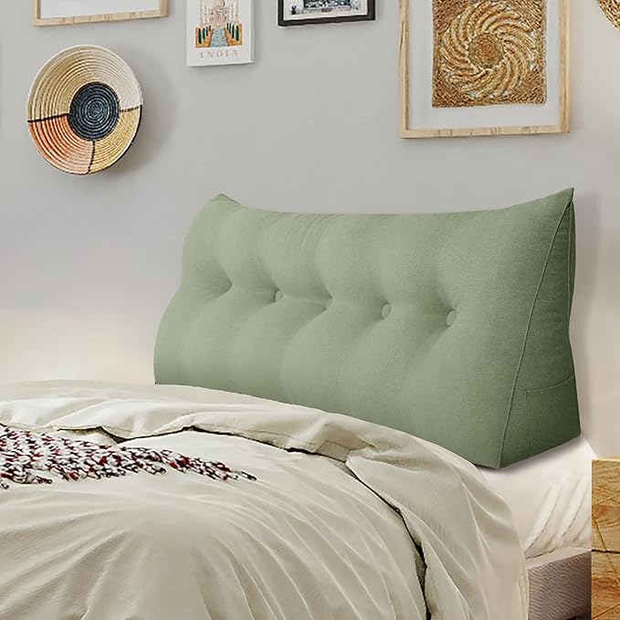 homecozy Wedge Headboard Pillow Dorm Room Reading Pillow Back Support for Sitting Up in Bed Bolster Lumbar Cushion Body Positioning Bedrest Cotton Linen 59in Grass Green Queen