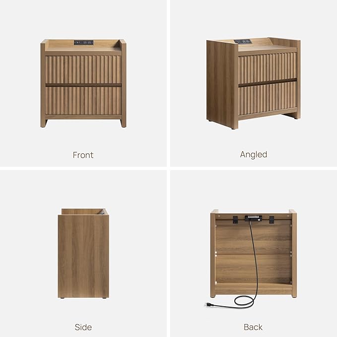 SICOTAS Night Stand Fluted Nightstands with Charging Station- Modern 2 Drawers Nightstand 25" Tall Bedside Table End Table, Large Night Stands for Bedroom, Living Room Sofa Side (Caramel Oak, 1 Piece)
