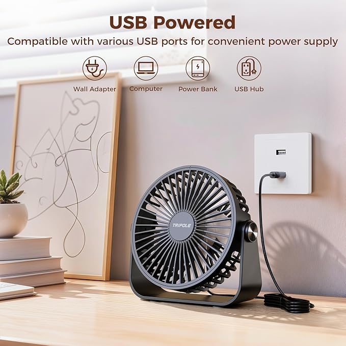 TriPole USB Desk Fan Portable Mini Fan Powerful 3 Speeds Wind Personal Desktop Fan with 360° Head Rotation for Home Office Car Indoor Outdoor Black, No Battery, 4.5 Inches