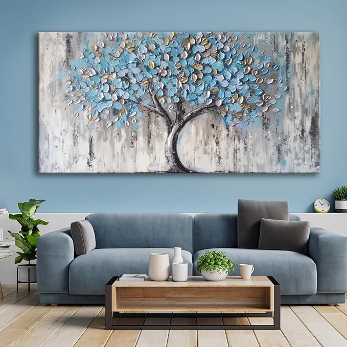 Blue Tree Canvas Wall Art - Modern Botanical Paintings for Living Room, Bedroom Wall Decor, Framed Wall Art for Home or Office Decoration, Large Wall Art 75x150cm(30x60in)