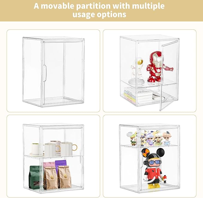 Attelite Large Clear Acrylic Display Case Shoe Storage Boxes With An Adjustable Divider,2 Pack 2 Tiers Clear Plastic Stackable Storage Bins With Lids Display Acrylic Box With Magnetic Door
