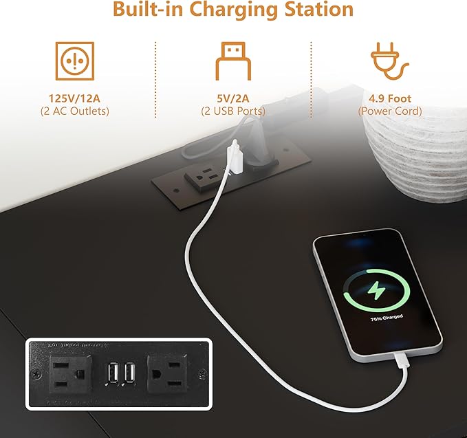 24" Wide Modern Fluted Nightstand with Charging Station, Wood Bedside Table with 2 Storage Drawers, Mid Century End Table Nigthstand with Curved Profile for Bedroom, Living Room, Black