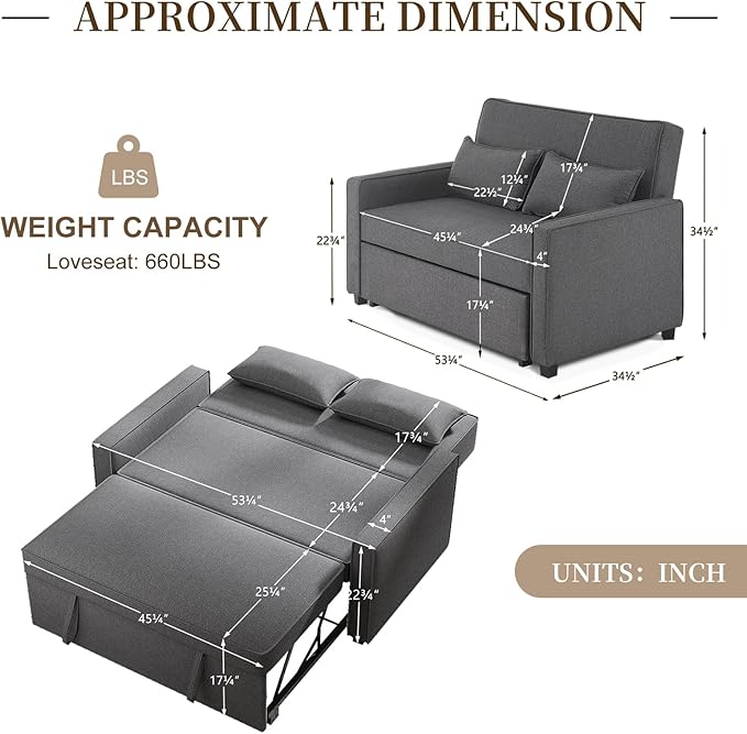 Furnimart 3-in-1 Convertible Sleeper Sofa with Pull-Out Bed, 53" Futon Couch Bed, Adjustable Backrest Loveseat for Small Spaces Gray