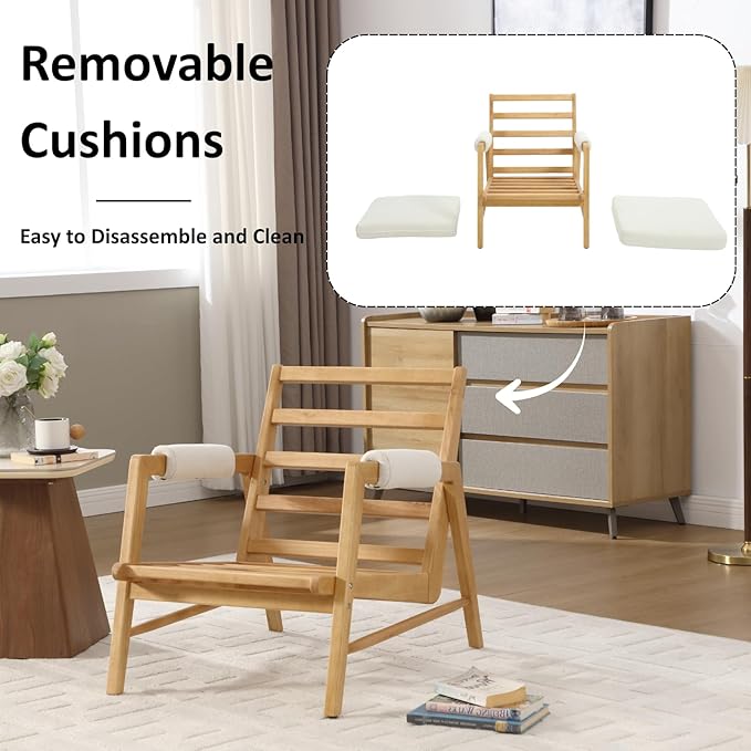 HEAH-YO Modern Accent Chair, Upholstered Linen Fabric Living Room Chair with Wooden Frame, Comfy Armchair with Thick Cushion for Bedroom Balcony, Beige