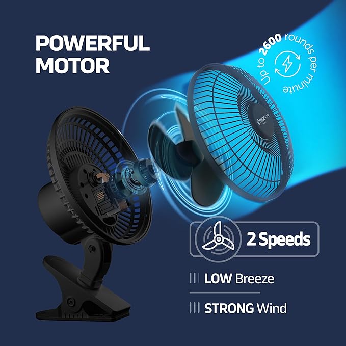 NEXAIR 6-Inch Portable Desk or Clip-on Fan with Two Quiet Speeds - Small Personal Cooling Fan for Desk, Home, Bedroom and Office, 180° Adjustable Tilt up- down 360° Rotation, Strong wide Clamp Grip