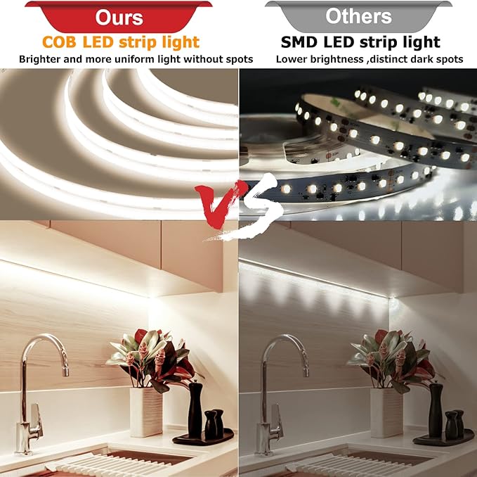 COB LED Strip, 16.4ft White LED Strip Light, Dimmable LED Light Strip 4000K Bright Neutral White, CRI92+, 8mm Width, 24V Flexible LED Tape Light for TV, Bedroom, Kitchen Cabinet, Closet, Home.