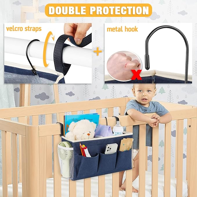 Lilithye Bedside Caddy Bedside Organizer Bedside Storage Caddy with Fixed Straps and Water Bottle Holder for Home College Dorm Bunk Bed Hospital Bed Crib Bed Rails (2pcs Navy Blue)