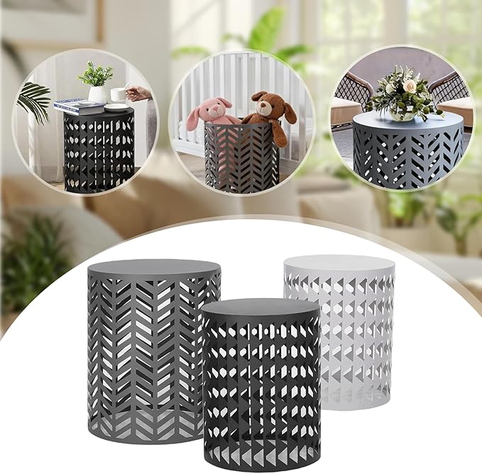 Nesting Outdoor Side Table, Small Round Metal Coffee Tables Set of 3, Stacking End Table for Garden Apartment Small Space, 176lbs, Bedside Tables, Nightstand, Plant Stand
