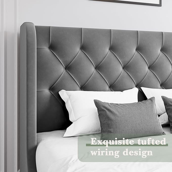 HOMBCK Full Size Bed Frame, Grey Upholstered Platform Bed Frame with Headboard, Velvet Tufted, Curved Wingback Design, Wooden Slats, No Box Spring, Noise Free, Easy Assembly