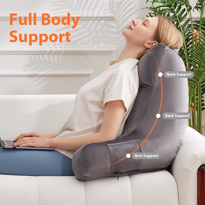 IPYNBAP Reading Pillow with Arms for Adult, Back Pillow for Bed Sitting Up, Shredded Memory Foam Backrest Pillow with Pockets & Removable Washable Cover, Lounging, Watching TV, Reading(24inch Grey)