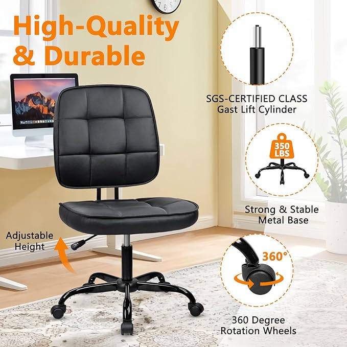 CLATINA Armless Home Office Chair with Lumbar Support and Wheels, Small PU Leather Ergonomic Low Back Desk Chairs No Arms, Adjustable Height 360° Swivel Rolling Computer Task Chair, Black