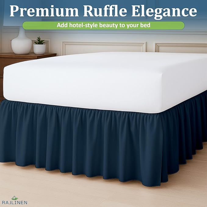Rajlinen Ruffled Bed Skirt Full, 18 Inch Drop Dust Ruffle with Split Corners, 100% Microfiber Bedskirt with Platform, Three-Sided Coverage Ruffled Gathering Design, Navy Blue