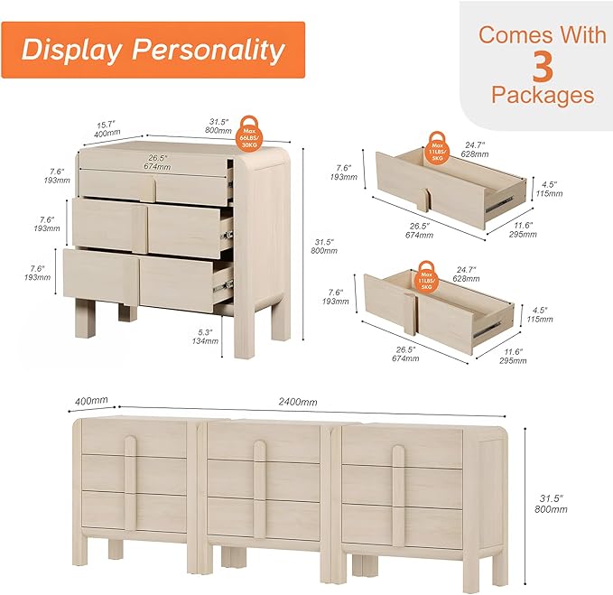 WAMPAT 3 in 1 9 Drawer Dresser for Bedroom, 94.5" Wide Mid Century Modern Wide Chest of Drawer, Wood Tall Nightstand with Curved Edge Handles, Closet Dresser TV Stand for Bedroom, Beige