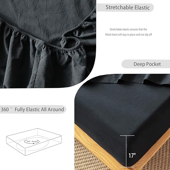 MooMee Fitted Bottom Sheet Only 100% Washed Cotton Linen Like Textured Breathable Durable Soft Comfy Deep Pocket Fits Mattress up to 17" (Black, Twin)