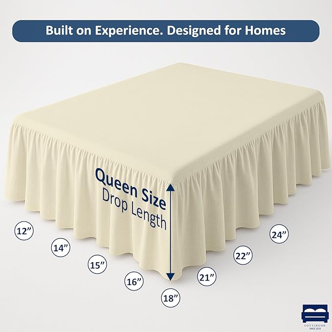 Ruffled Bed Skirt with Split Corners-Dust Ruffle - 21" Drop 100% Microfiber Soft,Sheen & Luxurious Look - Bed Skirts (Ivory -Queen)