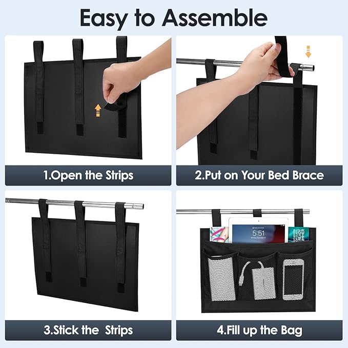 Bedside Caddy Storage Organizer, Hanging Storage Bag Pocket for Bunk/Hospital Beds,College Dorm Organizer for Remotes Phone,College Dorm,Camp,Bed Rails(4 Pockets),Black