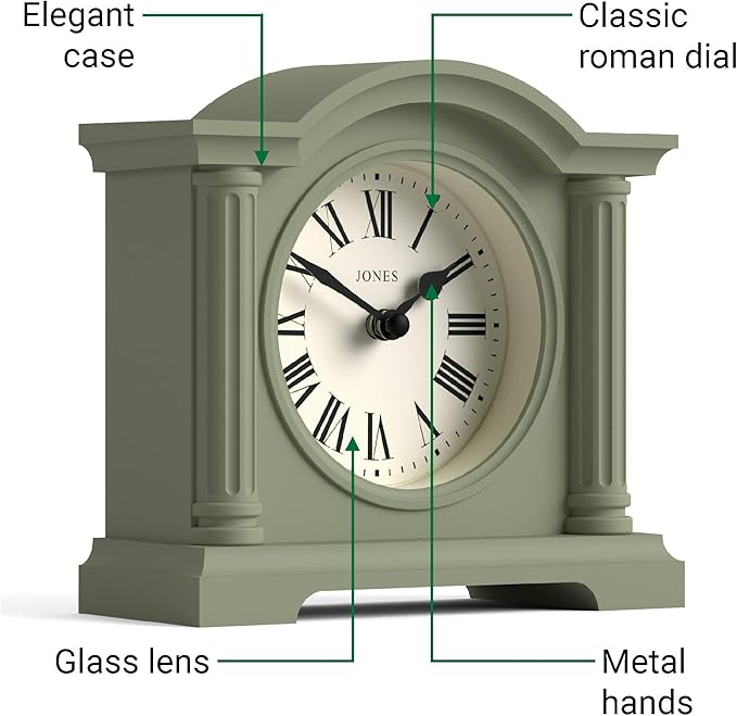 JONES CLOCKS® Kensington Mantel Clock | Classic Arch top Clock | Sage Green | Stylish & Contemporary | Ideal for Desk, Mantelpiece, Bookshelf or Bedside