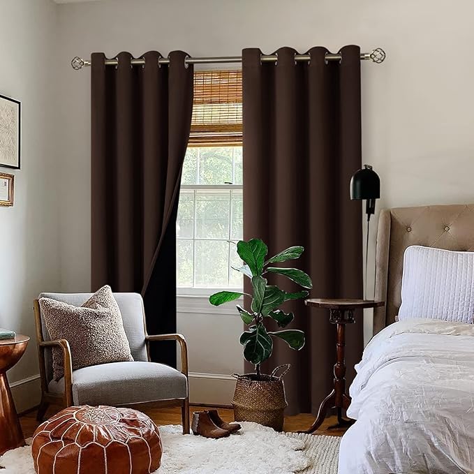 BGment Thermal Insulated 100% Blackout Curtains for Bedroom with Black Liner, Double Layer Full Room Darkening Noise Reducing Grommet Curtain (52 x 90 Inch, Brown, 2 Panels)