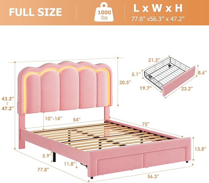 Velvet Upholstered Full LED Bed Frame with 2 Storage Drawers and Adjustable Chic Double Wavy Headboard, Princess Platform Bed with Charing Station, Solid Wood Slats Support,No Box Spring Needed,Pink