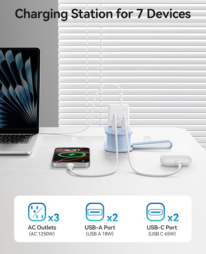 ORICO 65W USB Travel Power Strip, 7 in 1 Charging Station with 3AC, 2 USB-A, 2 USB-C, Flat Plug and 4ft Thin Extension Cord, Fast Charger for MacBook, iPad, iPhone 17/16/15 - TK65