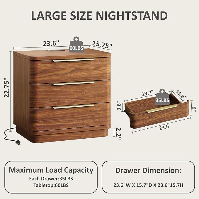 Nightstand Bedside Table with 3 Storage Drawers, 24" Tall Wood Night Stand with Charging Station, Modern Wide End Table Side Table W/Metal Handle Curved Profile for Bedroom