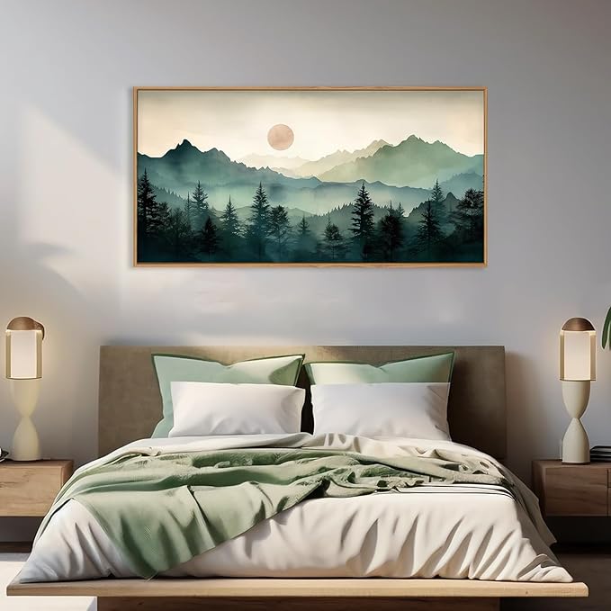 LHIUEM Large Boho Mountain Framed Wall Art Set,Watercolor Pine Tree Wall Painting,Abstract Foggy Green Forest Artwork,Modern Nature Landscape Sunrise Wall Decor for Living Room, Bedroom,Office-20x40