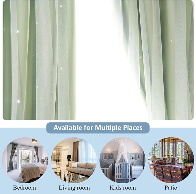 Stars Double Layer Blackout Curtains for Bedroom Kids, 72 Inches Long 2 Panels Set, Green