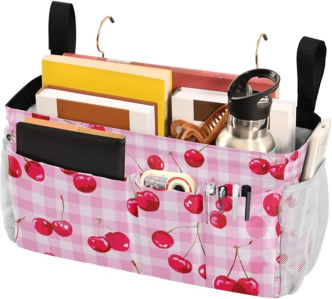 Bedside Caddy Hanging Bunk Bed Caddy Bed Organizer Hanging Pocket with 2 Hooks Bedside Storage Organizer Pocket Bag Holder Pink Juicy Checkered Cherry