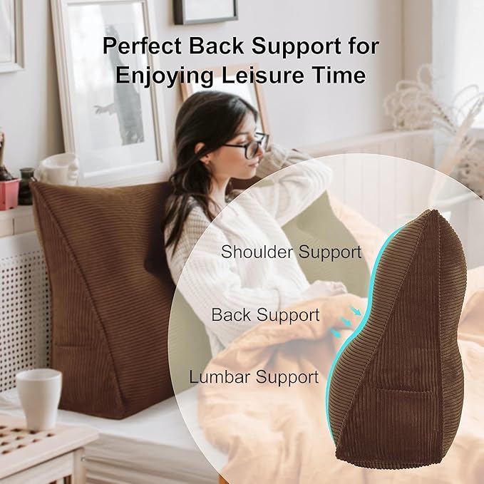 WOWMAX 100% Cotton Corduroy Headboard Pillow – Queen Size Back Support Reading Wedge for Bed & Daybed, Plush Handmade Bolster Cushion with Removable Cover, Cozy Bed Rest Pillow, Coffee