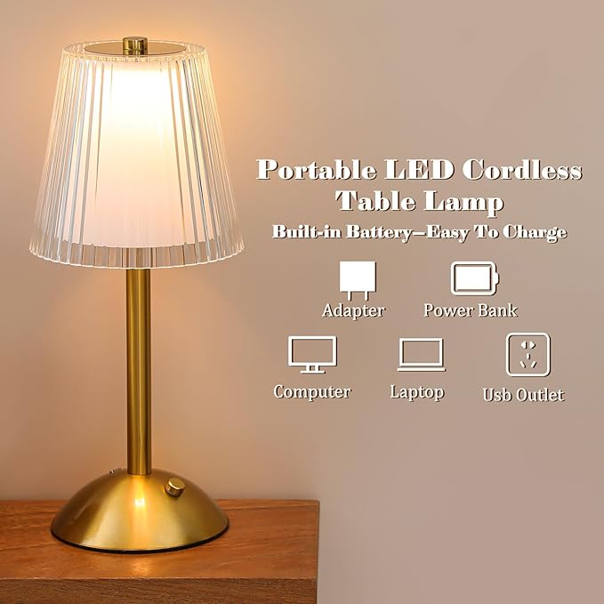 Liliful 2 Pcs Cordless Table Lamp Rechargeable Touch LED Small Gold Portable Battery Operated USB-c Desk Lamp 3 Color Dimmable for Bedroom Living Room Dining (Gold,Hollow Lined Style)