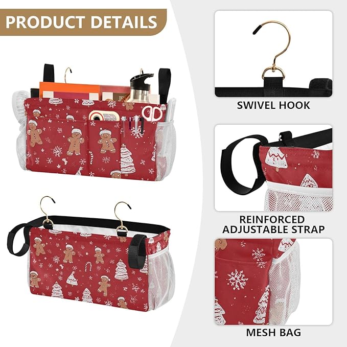 Bedside Caddy Hanging Bunk Bed Caddy Bed Organizer Hanging Pocket with 2 Hooks Bedside Storage Organizer Pocket Bag Holder Gingerbread Christmas Tree01