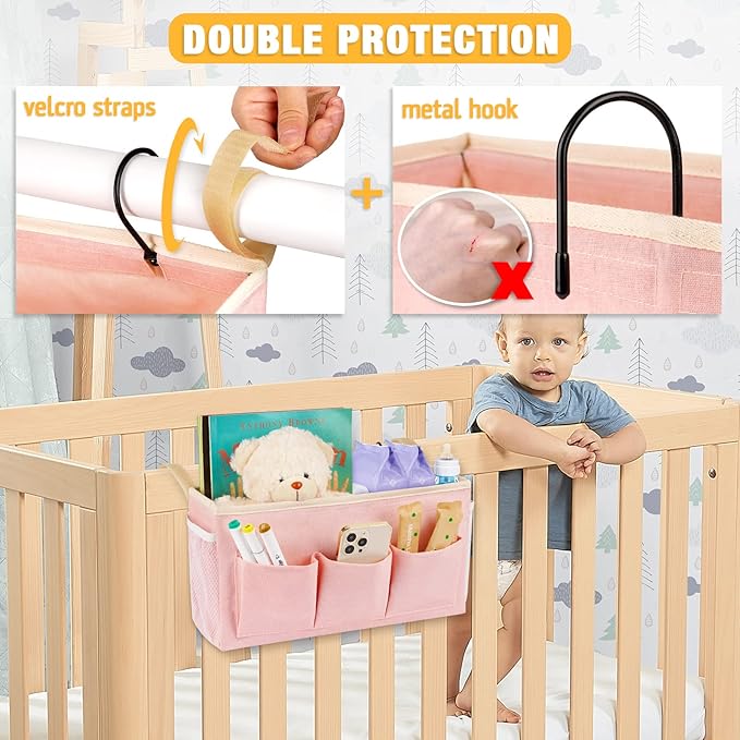 Lilithye Bedside Organizer with Fixed Straps and Water Bottle Holder for Home, College, Dorm, Bunk, Hospital, Crib, Bed Rails - Pink