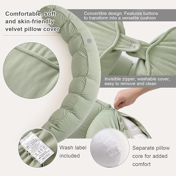 Peallow(Pat. Pend) – Long Round Body Pillow for Adults, Bolster Pillow for Sleeping, Soft and Supportive Pillow for Sleeping & Lumbar Support (Celadon Green,59")