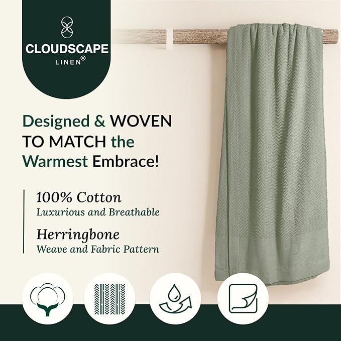 Cloud Scape Linen 100% Cotton Throw Blanket 50x70 Olive Green, Luxury All-Season Warmth, Ultra Soft, Oversized Herringbone Gauze Blanket for Winter, Bed, Couch & Sofa Decor, Best Gift Idea