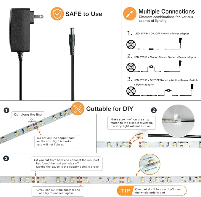 Sensky 19.7ft/6m Motion Activated LED Strip Light Kit with FCC Listed Adapter for Gun Safe, Under Cabinet, Under Bed, Pantry, Kitchen, Stairway, Closet Lighting (Cool White,Upgraded Version)