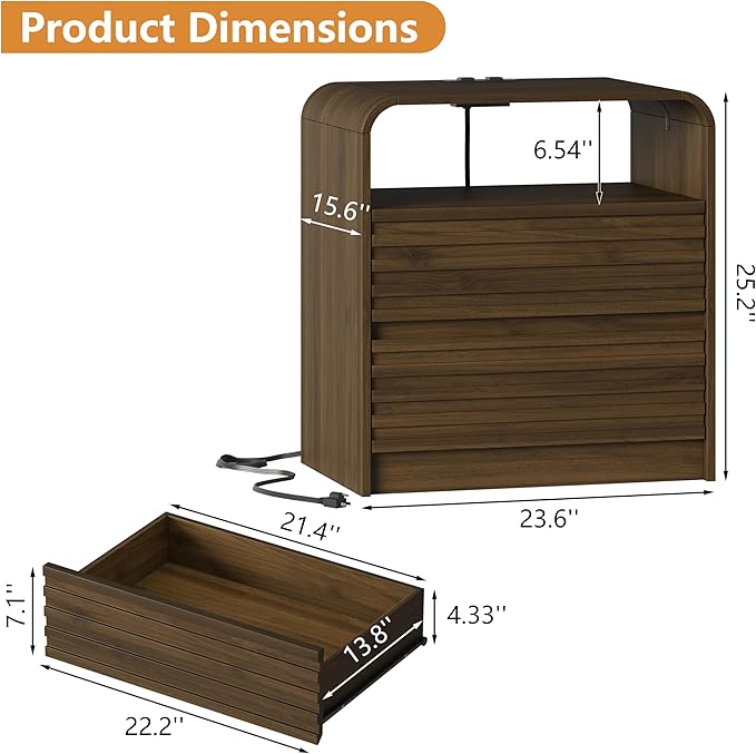 24" Wide Modern Fluted Nightstand with Charging Station Set of 2, Wood Bedside Table with Drawers, Mid Century End Table Nigthstand with Curved Profile Design for Bedroom, Living Room, Walnut