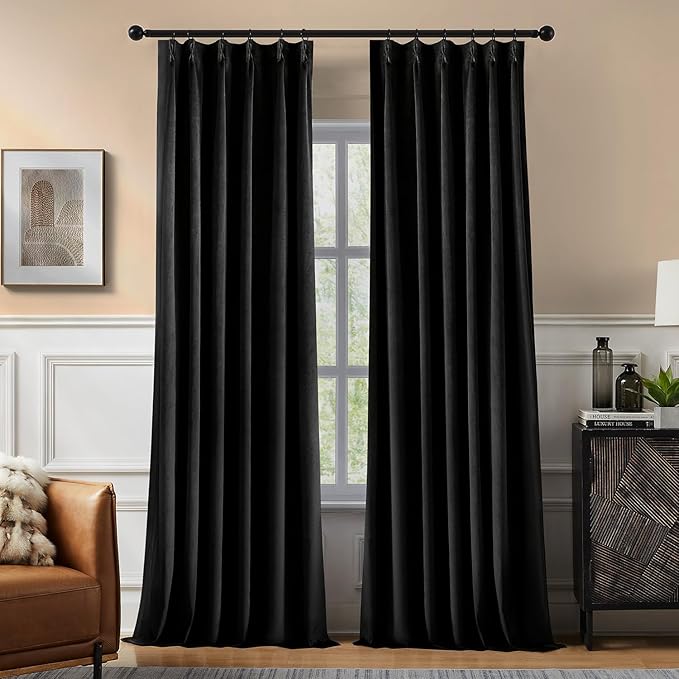 Pinch Pleated 100% Blackout Curtains for Bedroom, Black Velvet Curtains for Living Room, Black Out Curtain 96 inch Long Room Darkening, Blackout Pinch Pleat Drapes with Hooks 2 Panels