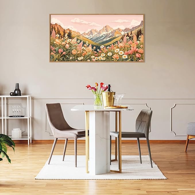 LHIUEM Large Abstract Colorful Mountain Framed Canvas Wall Art,Boho Pink Flower Wall Decor, Nature Wildflower Wall Painting,Bohemian Artwork for Living Room,Bedroom,Dining Room,Office -20"x40"x1