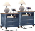24" Wide Farmhouse Nightstand Set of 2 with Charging Station,End Table with 2 Drawers,Blue Wood Dresser for Bedroom Cabinet, Bed Side Table Chest of Drawers, Night Stand for Living Room, Closet